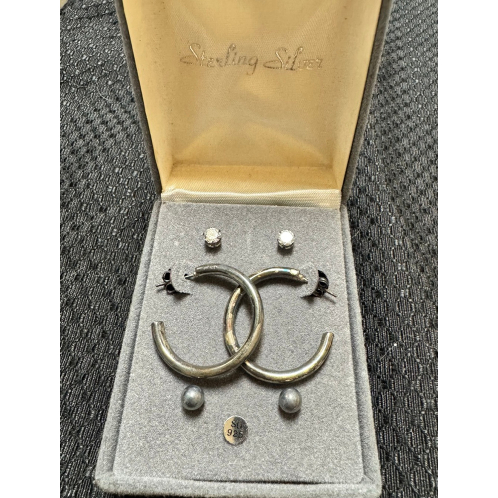 Vintage .925 Sterling Silver Hoop, Stud & crystal Earring Set